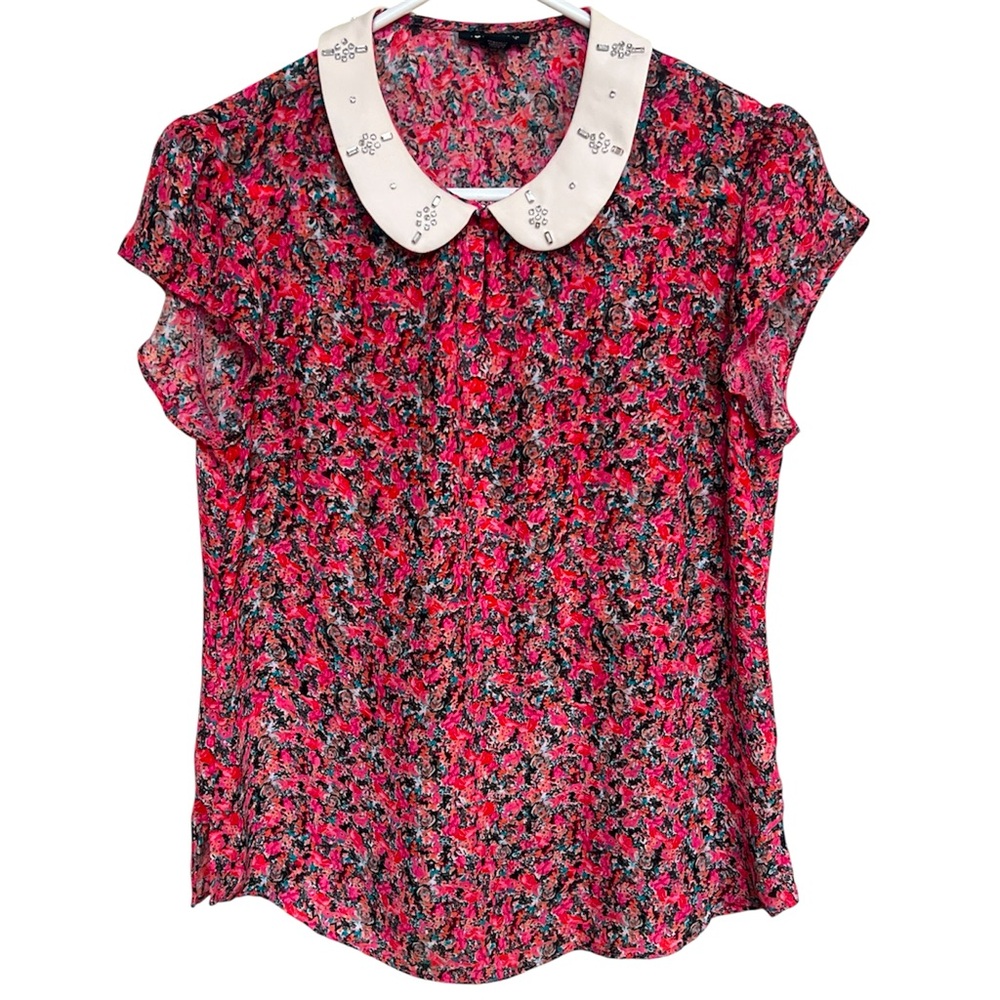 I ❤️ Ronson Floral Print Women's Top with White Collar, Size Medium